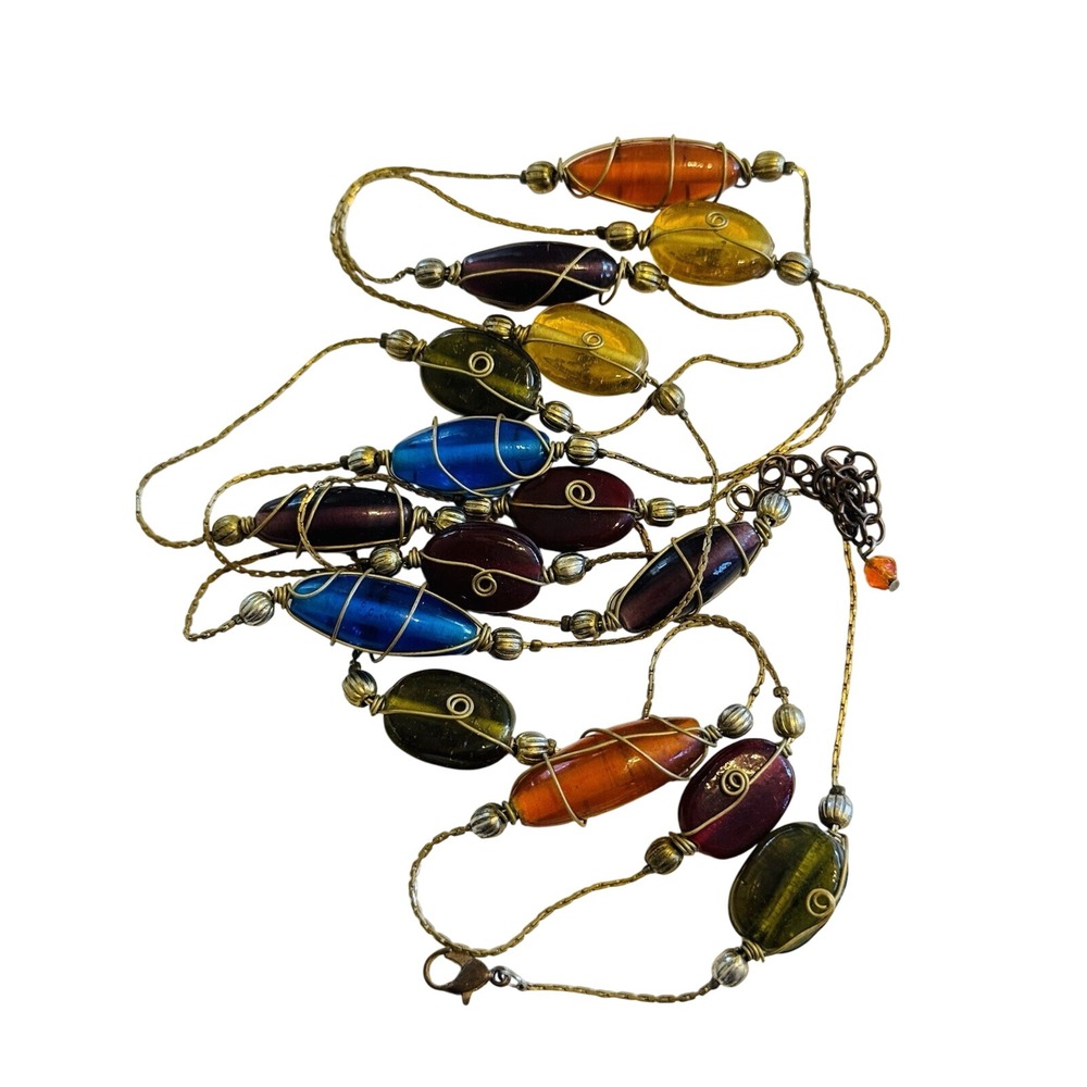 VTG estate BOHO Art glass Necklace Poured Beads Brass Encased Earthy Long 64"